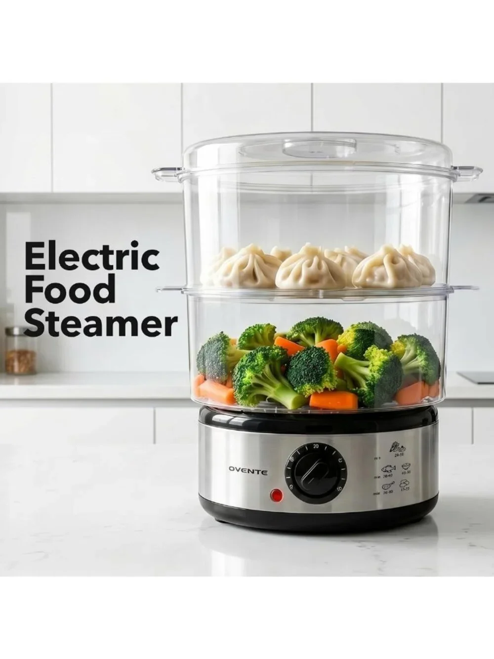 2-Tier Stainless Steel Electric Food Steamer, 5 Qt, Stackable, 400W, Timer